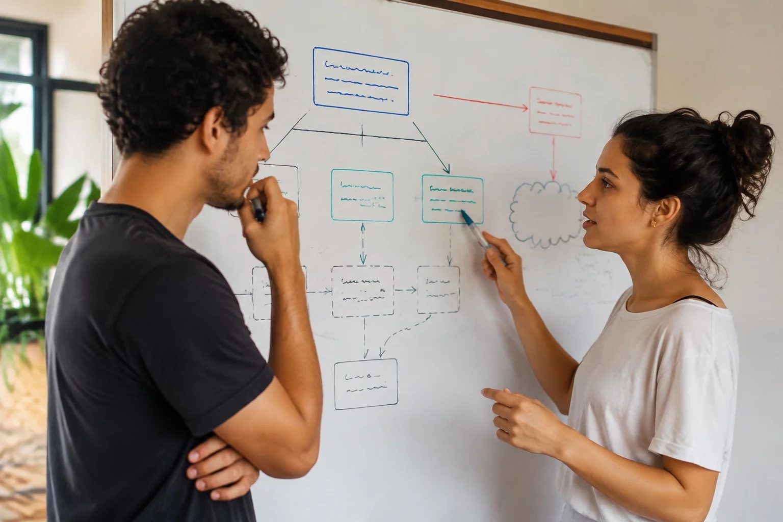 Duas pessoas diante de um quadro branco com um mapa de argumento desenhado à mão
