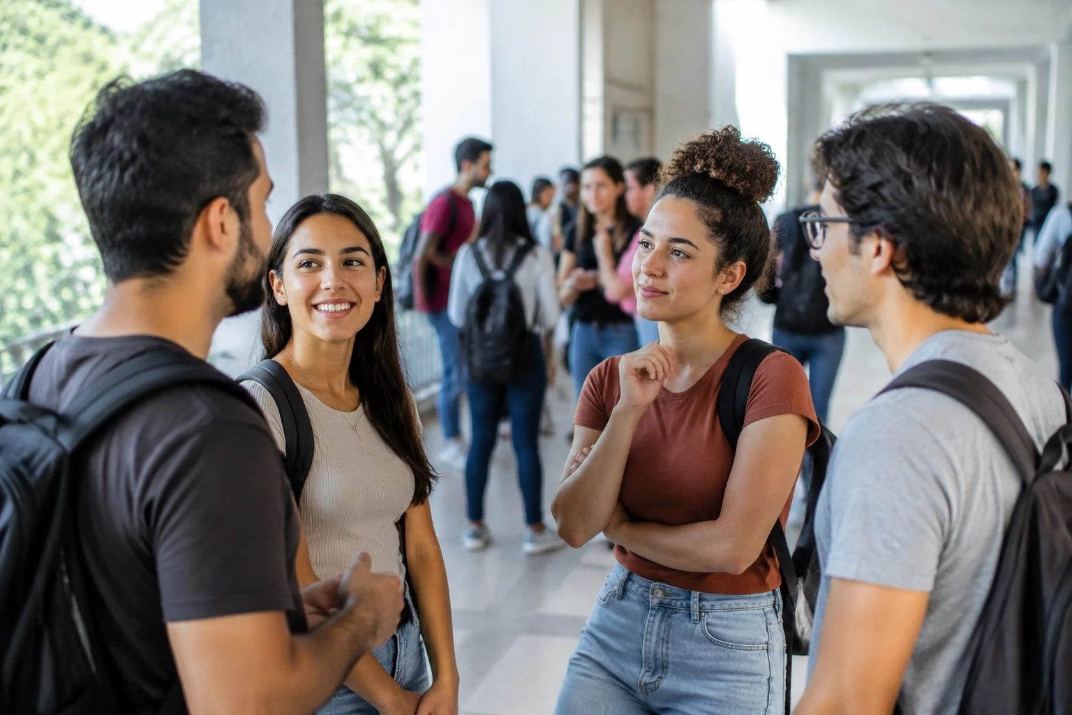 Estudantes com mochilas conversando no corredor de uma universidade