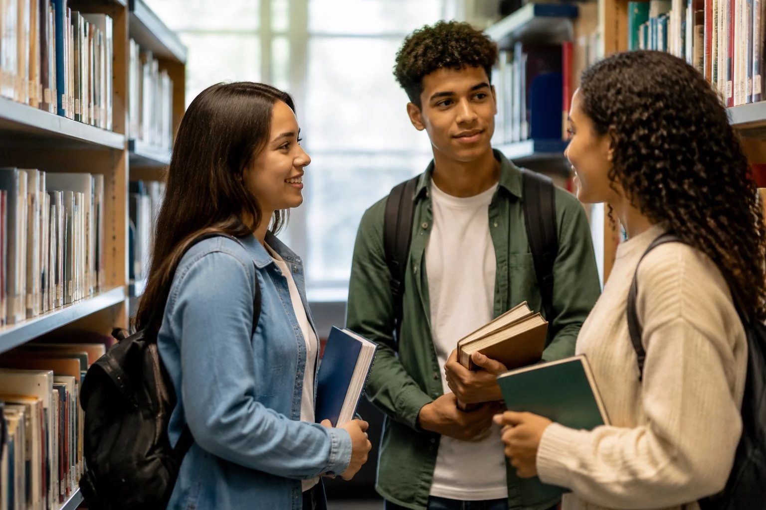 Estudantes conversando em pé entre as estantes de uma biblioteca