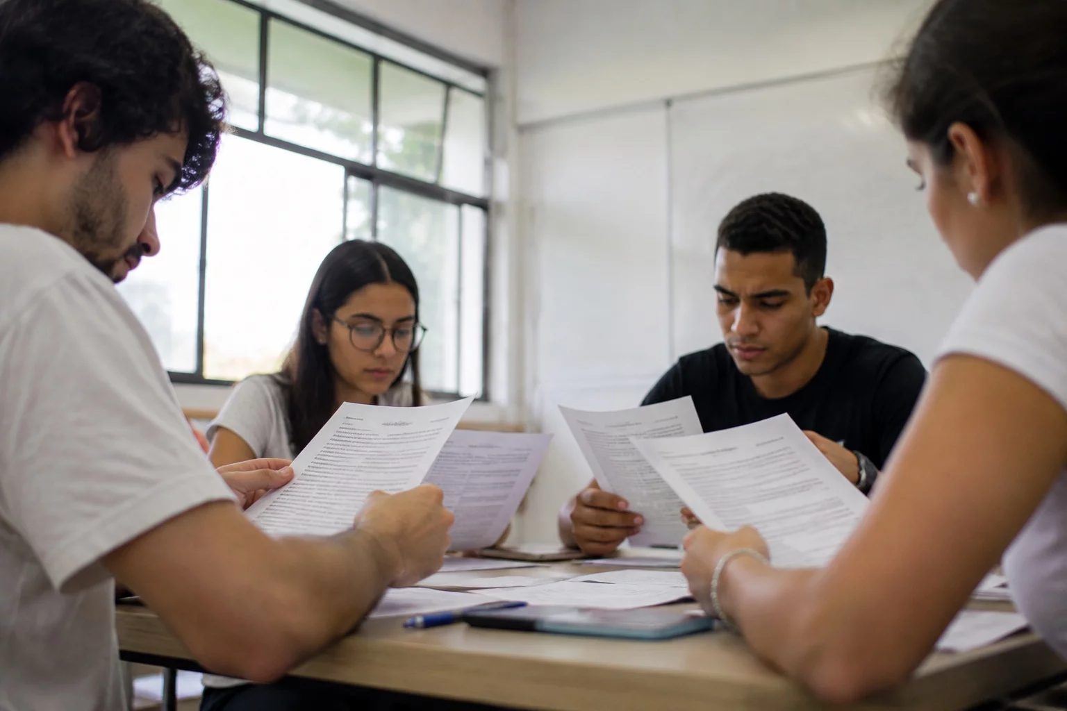 Grupo pequeno lendo páginas impressas de argumentos ao redor de uma mesa