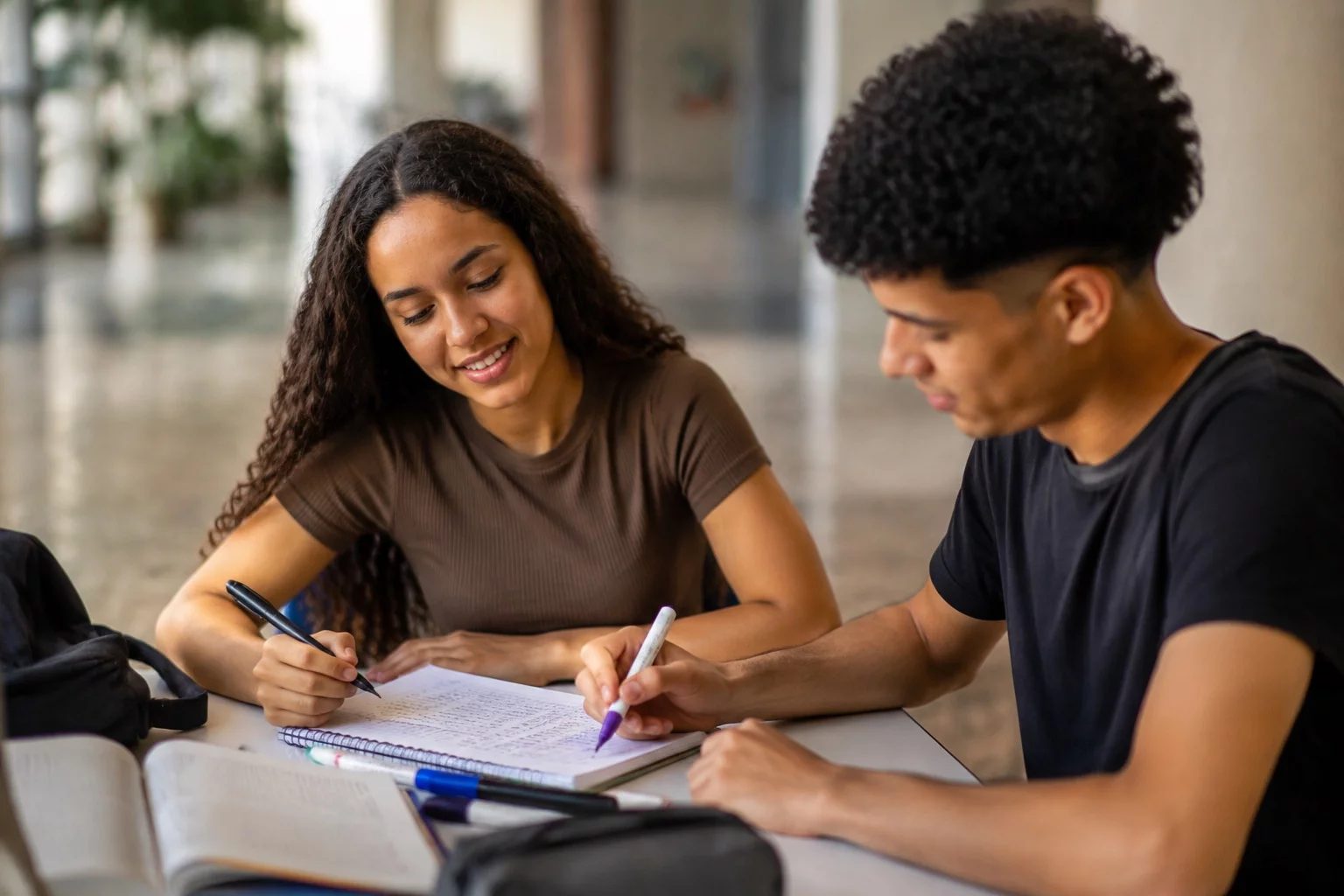 Dois estudantes preparando um debate com cadernos e marcadores