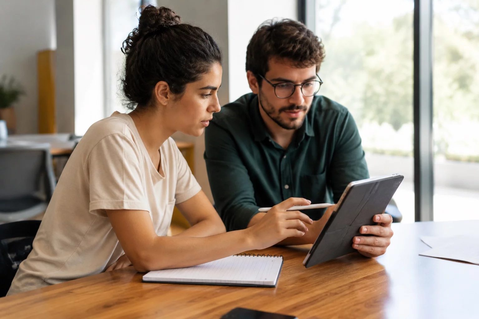 Duas pessoas revisando anotações em um tablet sobre uma mesa de madeira