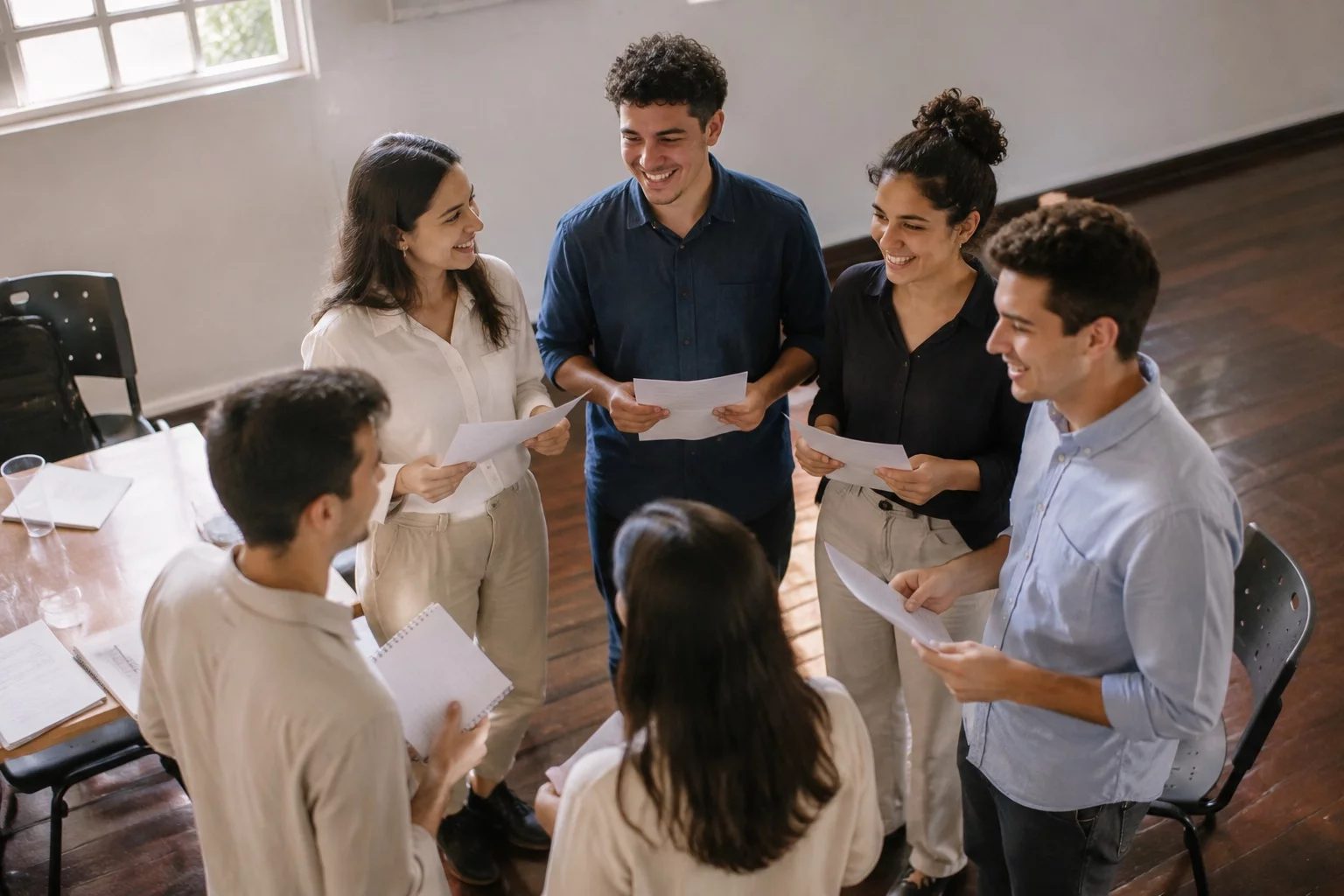 Grupo sorrindo após uma rodada de debate, com papéis nas mãos